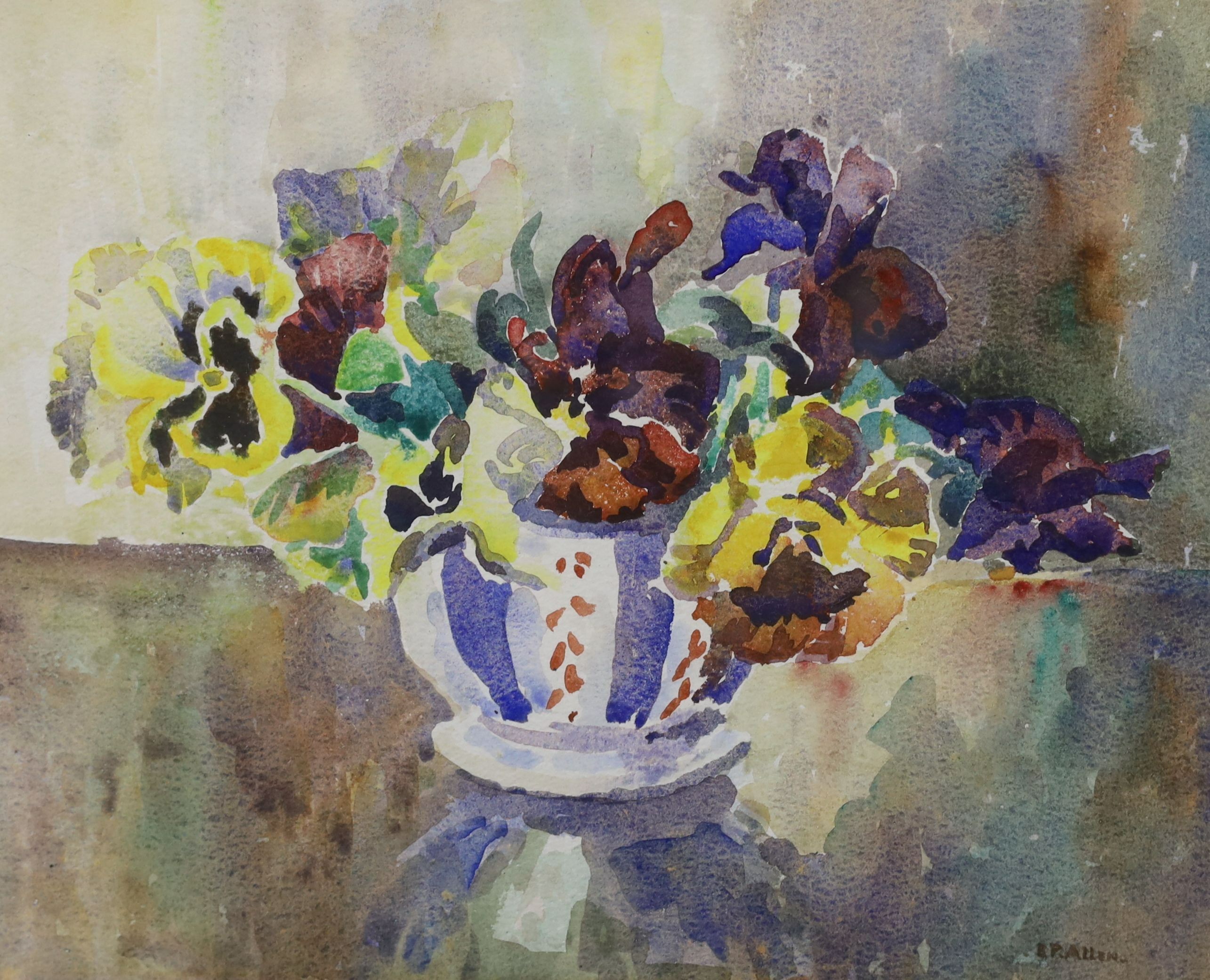 B.P. Allen, watercolour, Still life of pansies in a vase, signed, 22 x 28cm